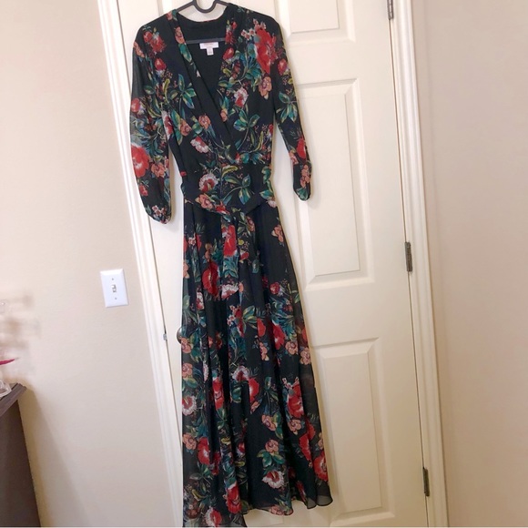 Laundry By Shelli Segal Dresses & Skirts - Black Red Dark Floral Chiffon 3/4 Long Sleeve Maxi Dress 6